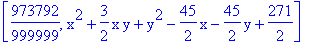 [973792/999999, x^2+3/2*x*y+y^2-45/2*x-45/2*y+271/2]